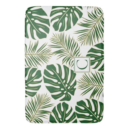 Groene en goudtropische bladeren en monogram badmat (Voorkant Verticaal)