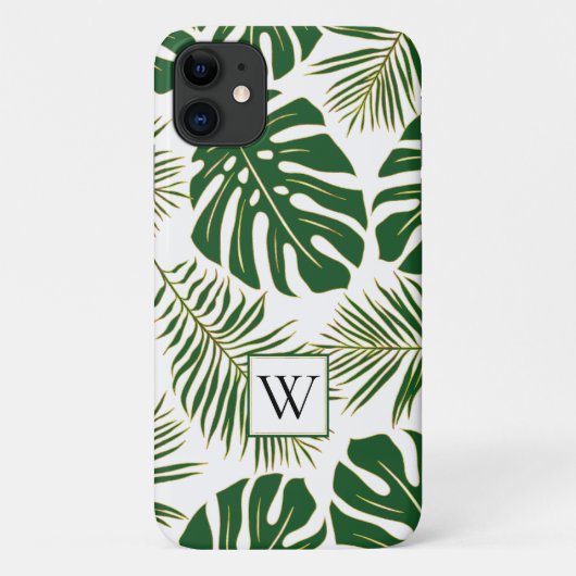 Groene en goudtropische bladeren en monogram Case-Mate iPhone case (Achterkant)