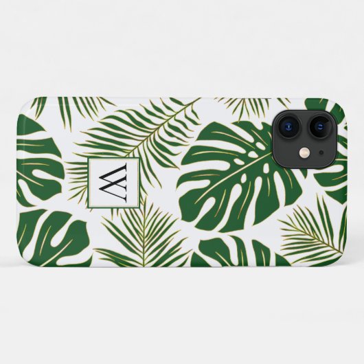 Groene en goudtropische bladeren en monogram Case-Mate iPhone case (Achterkant (horizontaal))