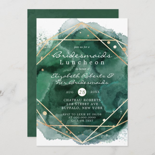 Groene en goudverf Bridesmaids Luncheon Invitae (Voorkant / Achterkant)