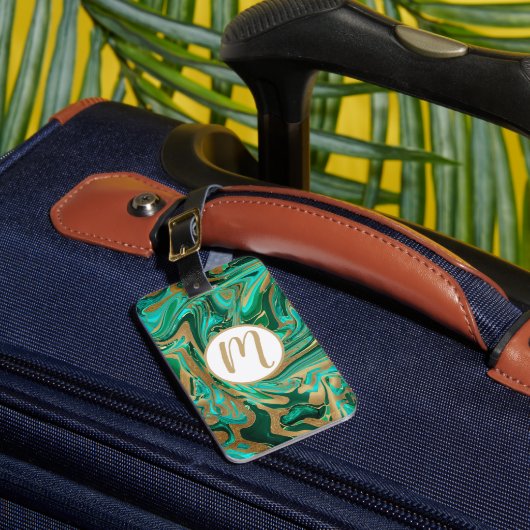 Groene en goudvloeibare marmer bagagelabel (Voorkant Insitu 1)