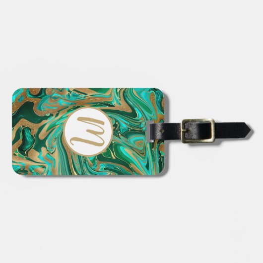 Groene en goudvloeibare marmer bagagelabel (Voorkant horizontaal)
