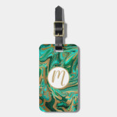 Groene en goudvloeibare marmer bagagelabel (Voorkant verticaal)
