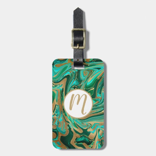 Groene en goudvloeibare marmer bagagelabel (Voorkant verticaal)