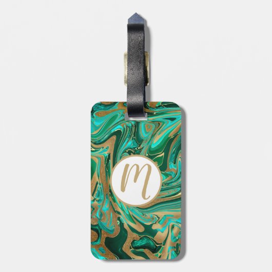Groene en goudvloeibare marmer bagagelabel (Achterkant verticaal)