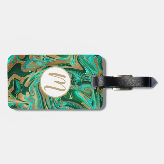 Groene en goudvloeibare marmer bagagelabel (Achterkant horizontaal)