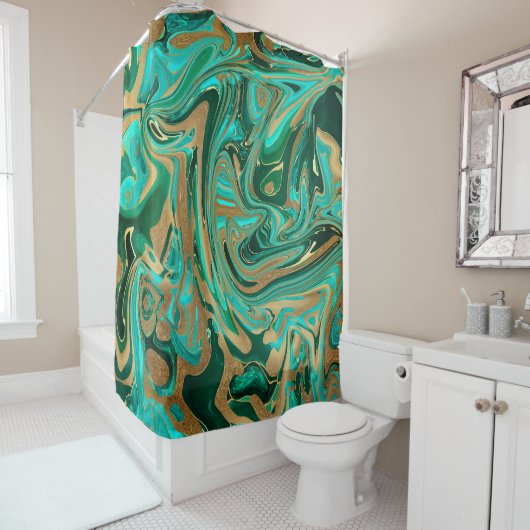 Groene en goudvloeibare marmer douchegordijn (In situ)