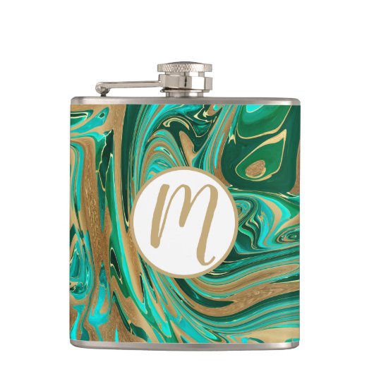 Groene en goudvloeibare marmer heupfles (Voorkant)