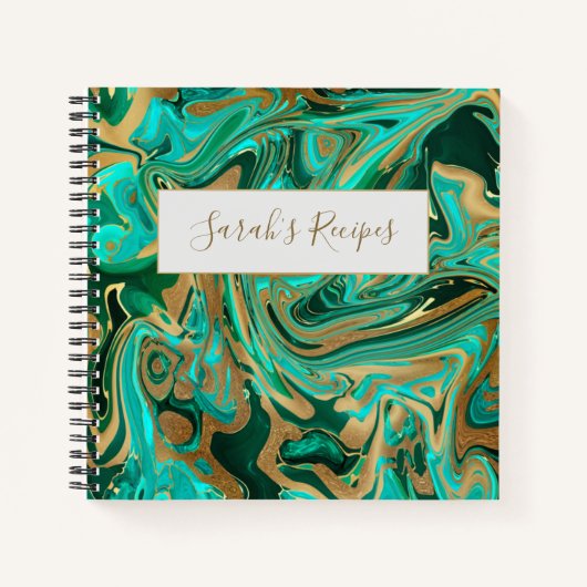 Groene en goudvloeibare marmer notitieboek (Voorkant)