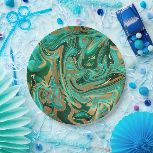 Groene en goudvloeibare marmer papieren bordje (Feest)