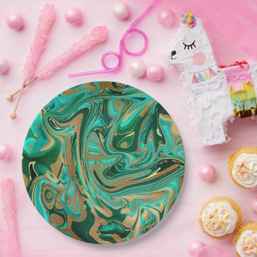 Groene en goudvloeibare marmer papieren bordje (Feest)
