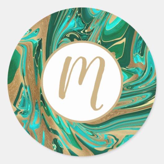 Groene en goudvloeibare marmer ronde sticker (Voorkant)