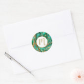 Groene en goudvloeibare marmer ronde sticker (Envelop)