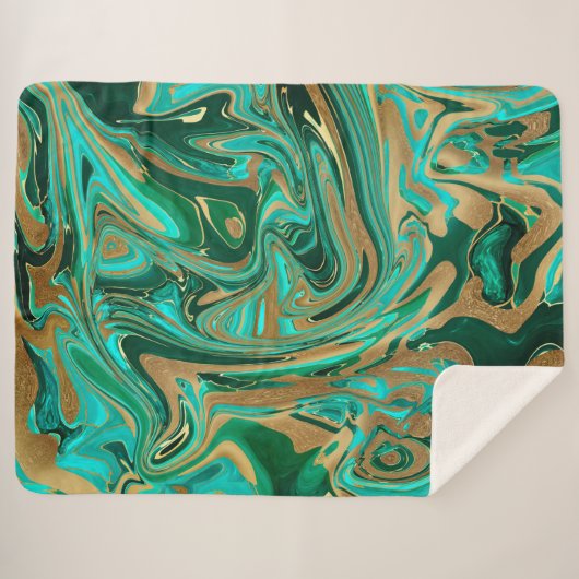 Groene en goudvloeibare marmer sherpa deken (Voorkant (horizontaal))