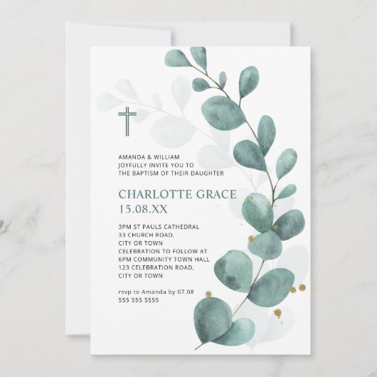 Groene en goudWaterverf Eucalyptus Baptisme Invita Kaart (Voorkant)
