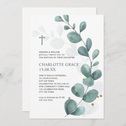 Groene en goudWaterverf Eucalyptus Baptisme Invita Kaart (Voorkant / Achterkant)