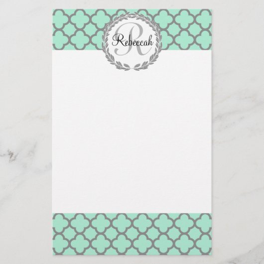 groene en grijze monogram Quatrefoil naam Briefpapier (Voorkant)