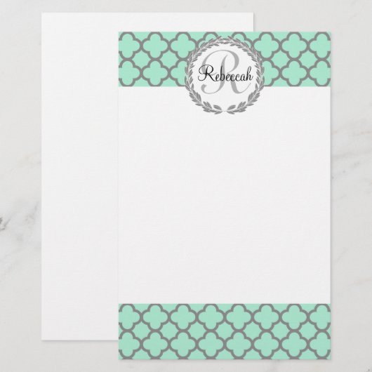 groene en grijze monogram Quatrefoil naam Briefpapier (Voorkant / Achterkant)
