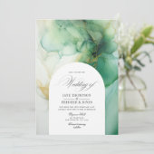 Groene en Ivoor Alcohol Ink Bruiloft Kaart (Staand voorkant)