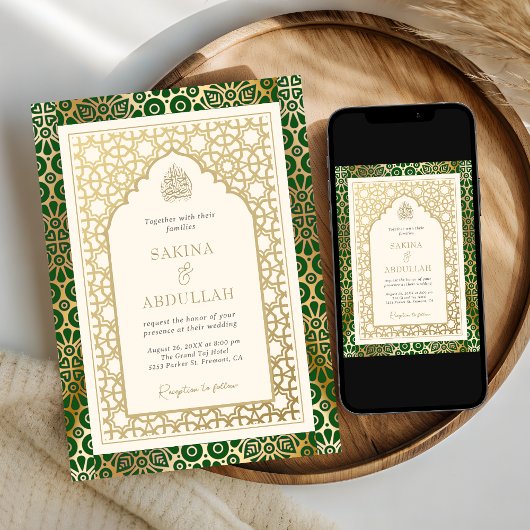 Groene en Ivoor Islamitische Boog Moslim Bruiloft Kaart