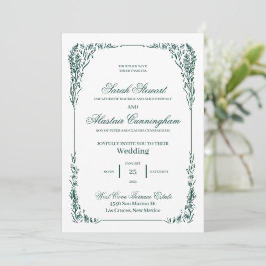 Groene en Ivoren Elegante Handgetekende Uitnodigin Bedankkaart (Staand voorkant)