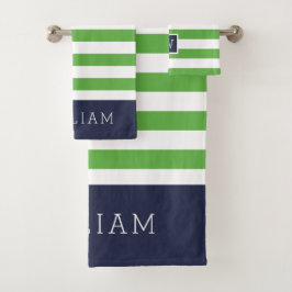 Groene en marine strepen monogram bad handdoek