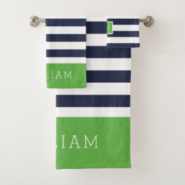Groene en marine strepen monogram bad handdoek