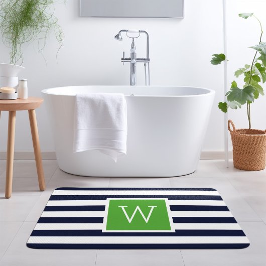 Groene en marine strepen monogram badmat