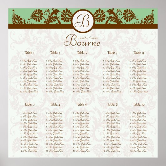 Groene en Mocha Damask Seating Chart 10 Tables Poster (Voorkant)