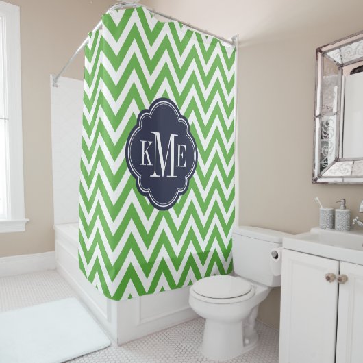 Groene en Navy Chevron Monogram Douchegordijn (In situ)