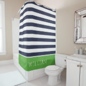 Groene en Navy Stripes Monogram Douchegordijn (In situ)