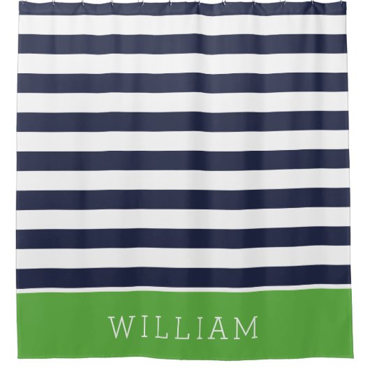 Groene en Navy Stripes Monogram Douchegordijn (Voorkant)