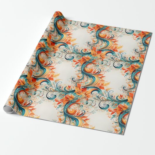 Groene en oranje bladeren cadeaupapier (Uitgerold)
