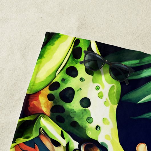 Groene en oranje kikkers op verse bladeren, waterv strandlaken (In situ)