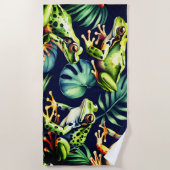 Groene en oranje kikkers op verse bladeren, waterv strandlaken (Voorkant)