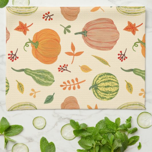 Groene en oranje pompoenen, naadloos patroon. theedoek (Gevouwen)