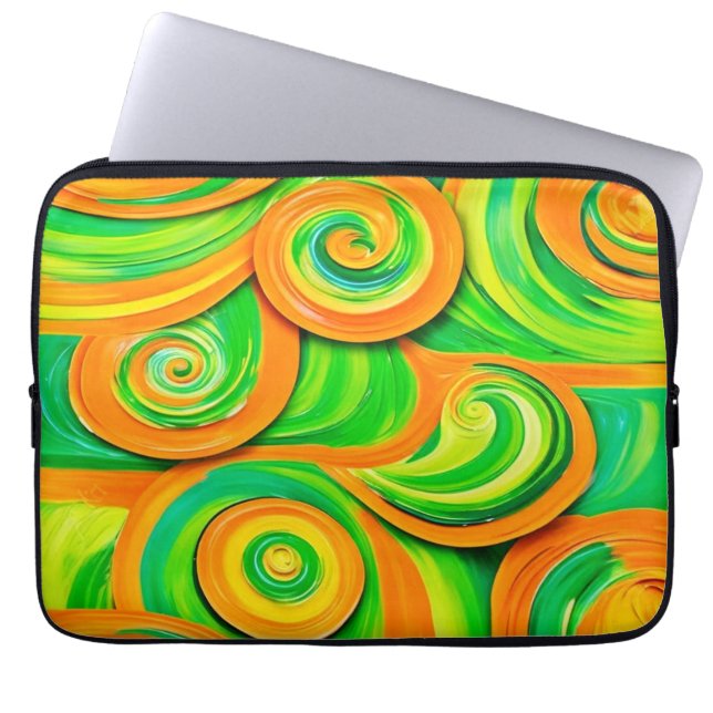 Groene en oranje spiraal laptop sleeve (Voorkant)