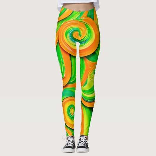 Groene en Oranje spiraal Leggings (Voorkant)