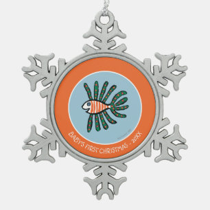 Groene en Oranje tweekleppige vis Tin Sneeuwvlok Ornament
