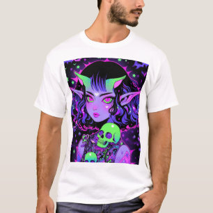 Groene en Paarse Alien Elf Anime Meisje T-shirt