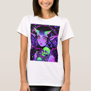 Groene en Paarse Alien Elf Anime Meisje T-shirt
