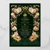 Groene en Paarse betoverde bloemen moslim bruiloft Folie Uitnodiging (Voorkant)