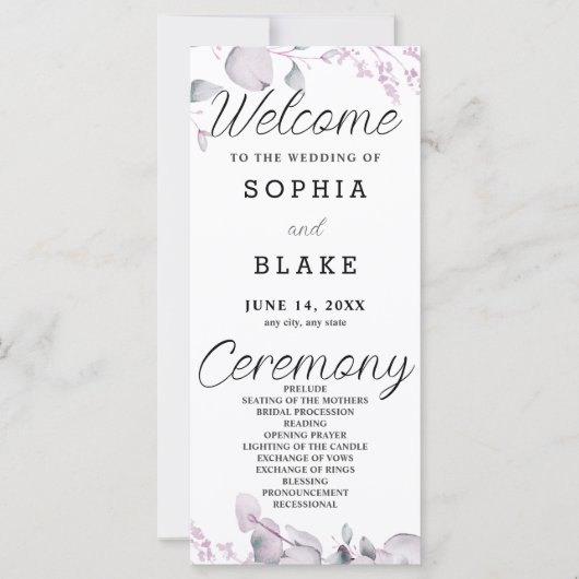 Groene en Paarse bladeren Borded Wedding Program (Voorkant)