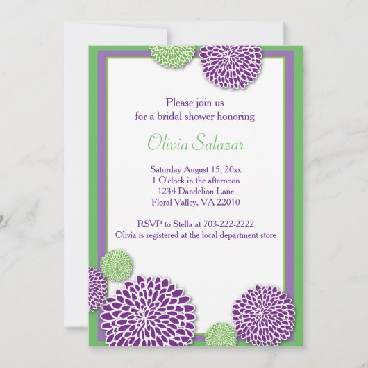 Groene en paarse bloem Uitnodiging tot douche (Voorkant)