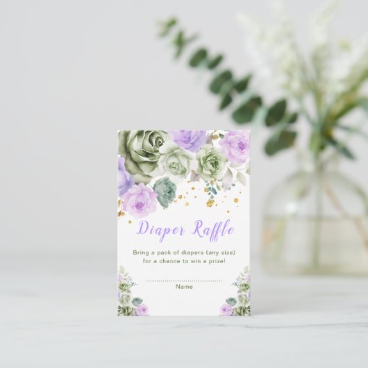 Groene en Paarse Bloemen Baby shower Luier Raffle Informatiekaartje (Staand voorkant)