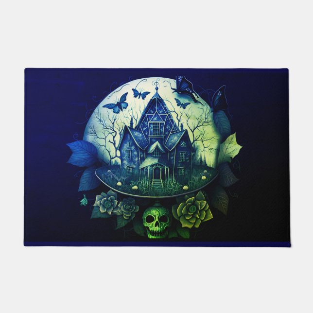 Groene en Paarse Gotische Haunted House Deurmat (Voorkant)