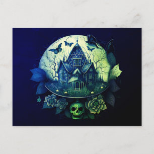 Groene en Paarse Gotische Haunted House Feestdagenkaart