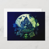 Groene en Paarse Gotische Haunted House Feestdagenkaart (Voorkant / Achterkant)