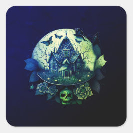Groene en Paarse Gotische Haunted House Vierkante Sticker