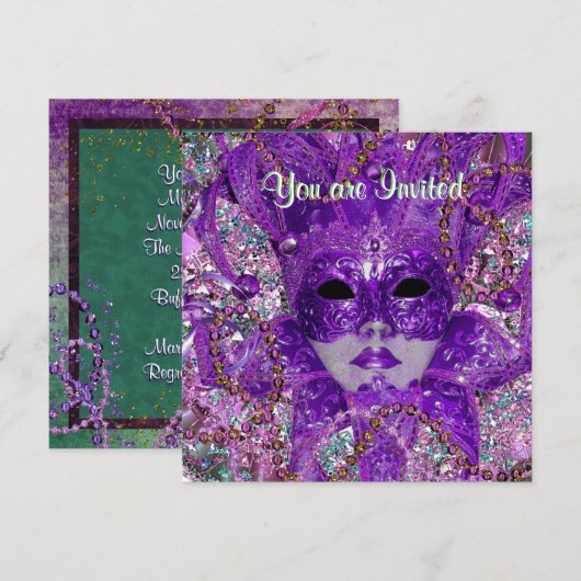 Groene en Paarse Masquerade Partij Kaart (Voorkant / Achterkant)